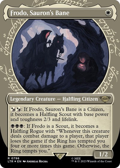 Frodo, Sauron's Bane (Showcase) (Surge Foil) (Universes Beyond: The Lord of the Rings: Tales of Middle-earth) Light Play Foil