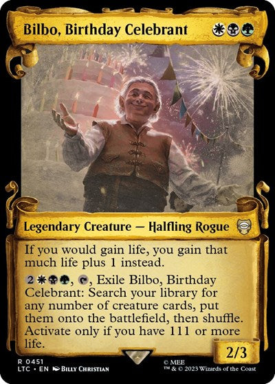 Bilbo, Birthday Celebrant (Showcase Scrolls) (Commander: The Lord of the Rings: Tales of Middle-earth) Light Play