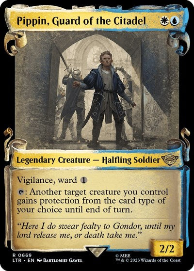 Pippin, Guard of the Citadel (Showcase Scrolls) (Universes Beyond: The Lord of the Rings: Tales of Middle-earth) Light Play Foil