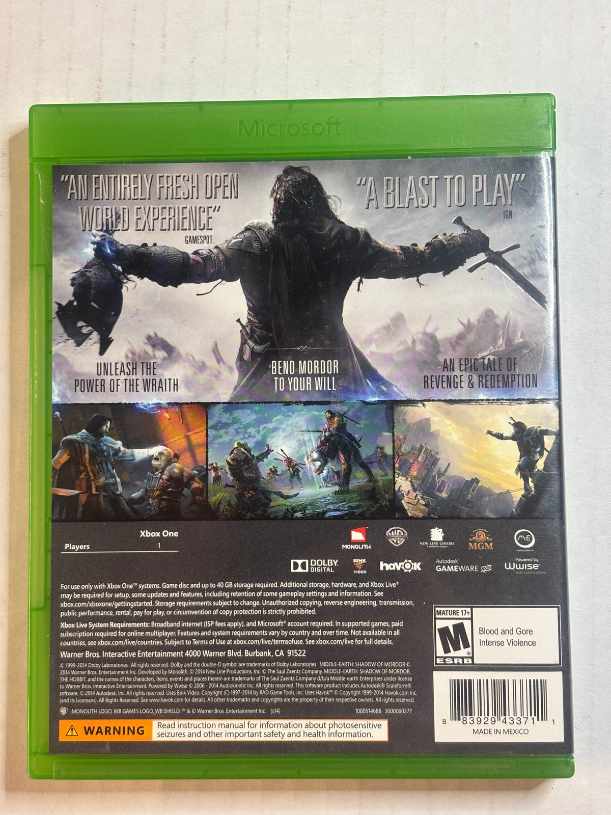 Middle Earth Shadow Of Mordor (Xbox Series X/Xbox one) (Complete in Box) (Tested and Working)