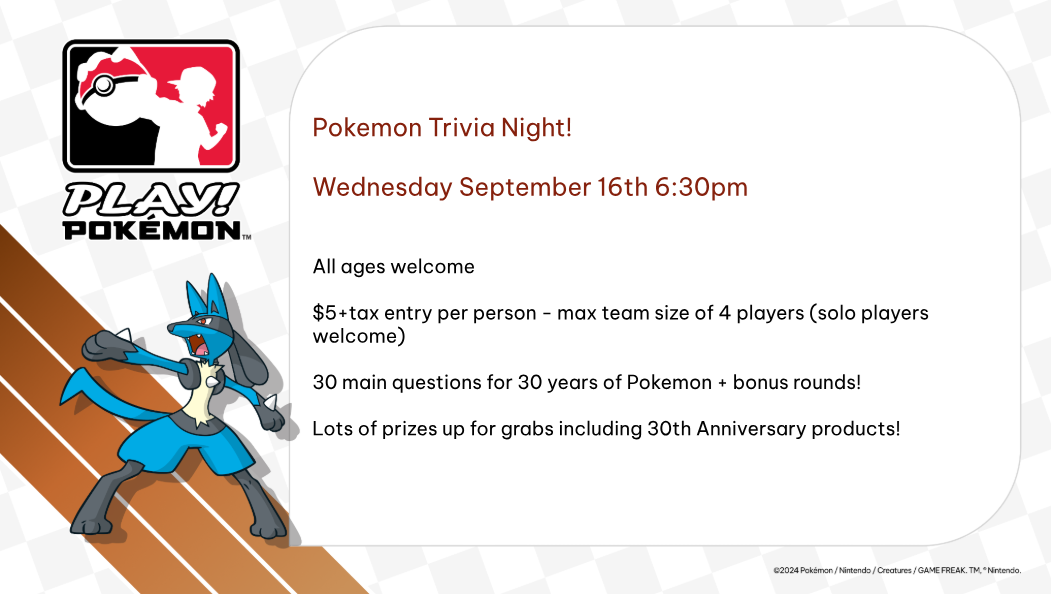 Pokemon Trivia Night - WEDNESDAY SEPTEMBER 16TH @ 6:30PM