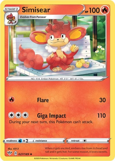 Simisear (SWSH03: Darkness Ablaze) Light Play Reverse Holofoil