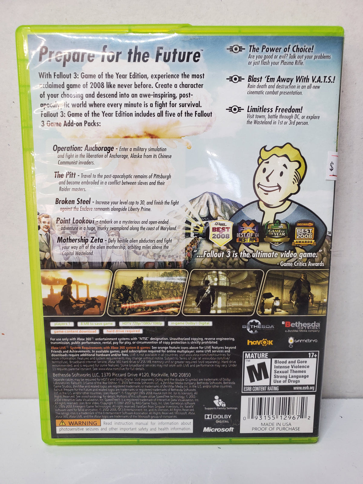 Fallout 3 *Game Of The Year Edition* (XBOX 360) (CASE MISSING MIDDLE DISC INSERT, NO MANUAL)
